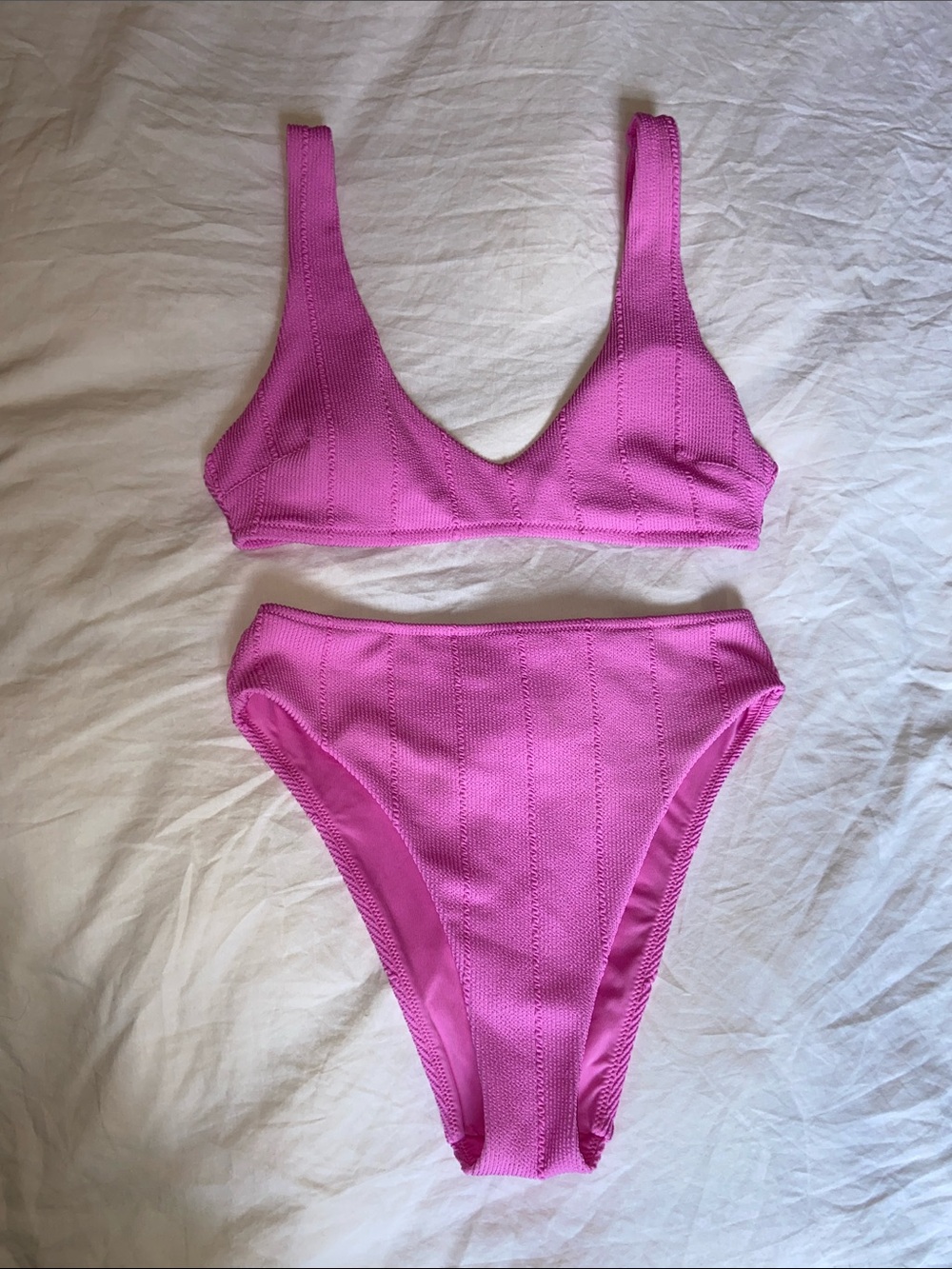 aerie Pink Ribbed Triangle Bikini Set